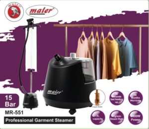 تصویر اتو بخار ایستاده مایر مدل MR551 به رنگ سفید و مشکی، دارای مخزن 3 لیتری، آویز لباس تلسکوپی و سری بخار سرامیکی