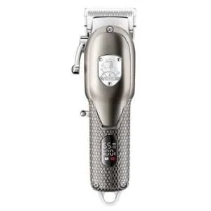 تصویر ماشین اصلاح وی جی آر مدل VGR-276 با بدنه مشکی، نمایشگر دیجیتال، و تیغههای تیتانیوم، همراه با 6 عدد شانه راهنما