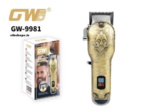 تصویر ماشین اصلاح جی دبلیو مدل GW-9981 با بدنه طلایی حکاکی شده و نمایشگر دیجیتال، همراه با شانه‌های رنگی و کابل USB.