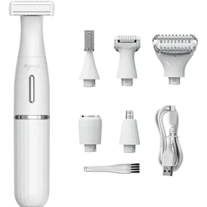 تصویر ست اصلاح بانوان کیمی مدل KM-3523 با 6 سری قابل تعویض و کابل شارژ USB به رنگ سفید و صورتی