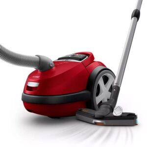 جارو برقی کیسهای فیلیپس مدل FC9174 با رنگ زرشکی (قرمز)، دارای لوله تلسکوپی فلزی و نازل اصلی