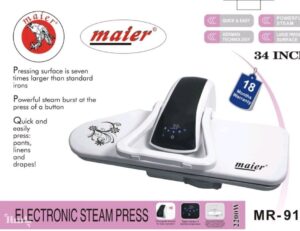 تصویر اتو پرس سخنگو مایر مدل MR-9171 با بدنه سفید و مشکی و صفحه پرس بزرگ