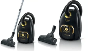 جاروبرقی کیسهای بوش مدل 8Gold با رنگ مشکی و طلایی، موتور HiSpin و لوله خرطومی کنفی مقاوم