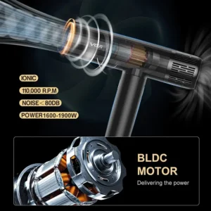 تصویر سشوار حرفه‌ای وی جی آر مدل V-427 با سرعت موتور 110000 دور در دقیقه، توان 1900 وات، دیسپانسر و سری‌های متمرکز کننده