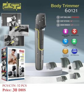 تصویر ماشین اصلاح بدن دی اس پی مدل 60121 به رنگ خاکستری نقره‌ای، دارای 5 شانه، کابل شارژ و برس تمیز کننده