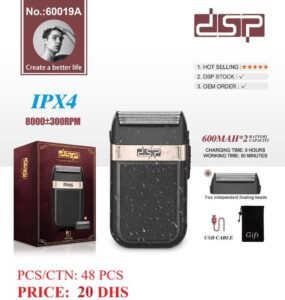 تصویر شیور صورت دی اس پی مدل 60019 به رنگ مشکی، دارای دو سر شناور فویلی و پورت شارژ USB، مناسب برای اصلاح صفر.