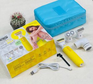 تصویر ست اصلاح شارژی 4 کاره دی اس پی مدل 80155 با بدنه زرد و سری‌های اپیلاتور، شیور و فیس واش به همراه کیف آبی و کابل شارژ