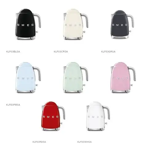 کتری برقی اسمگ مدل KLF04 در 5 رنگ با طراحی رترو 50s Style، تنظیم دمای دیجیتال و ظرفیت ۱.۷ لیتر.