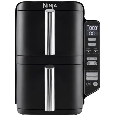 zJqR2YdeHmBubND7 تصویر سرخ کن بدون روغن نینجا مدل SL300 (دوقلو) با رنگ مشکی، نمایش دهنده دو سبد کشویی 7.6 لیتری و پنل کنترل دکمهای دیجیتال.
