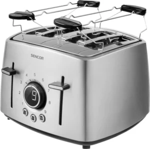 تصویر توستر نان سنکور مدل STS 5070SS با بدنه استیل، 4 درگاه قرارگیری نان و نمایشگر دیجیتال (LED).