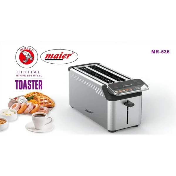 توستر نان مایر مدل MR536 با بدنه فلزی شیک و صفحه نمایش تمام لمسی رنگی برای کنترل دما و زمان