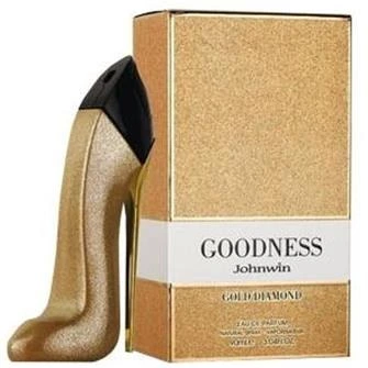 بطری ادکلن گودگرل طلایی جانوین جکوینز (Johnwin Goodness Légère) با طراحی کفش پاشنه بلند طلایی، با رایحه گرم و شیرین.