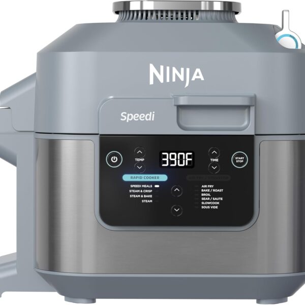 تصویر مولتی کوکر نینجا مدل ON401 (Speedi) خاکستری، نمایش دهنده پنل دیجیتال با تنظیمات Rapid Cooker و ایرفرای (Air Fry).