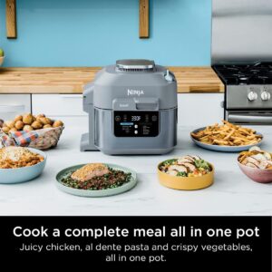 تصویر مولتی کوکر نینجا مدل ON401 (Speedi) خاکستری، نمایش دهنده پنل دیجیتال با تنظیمات Rapid Cooker و ایرفرای (Air Fry).