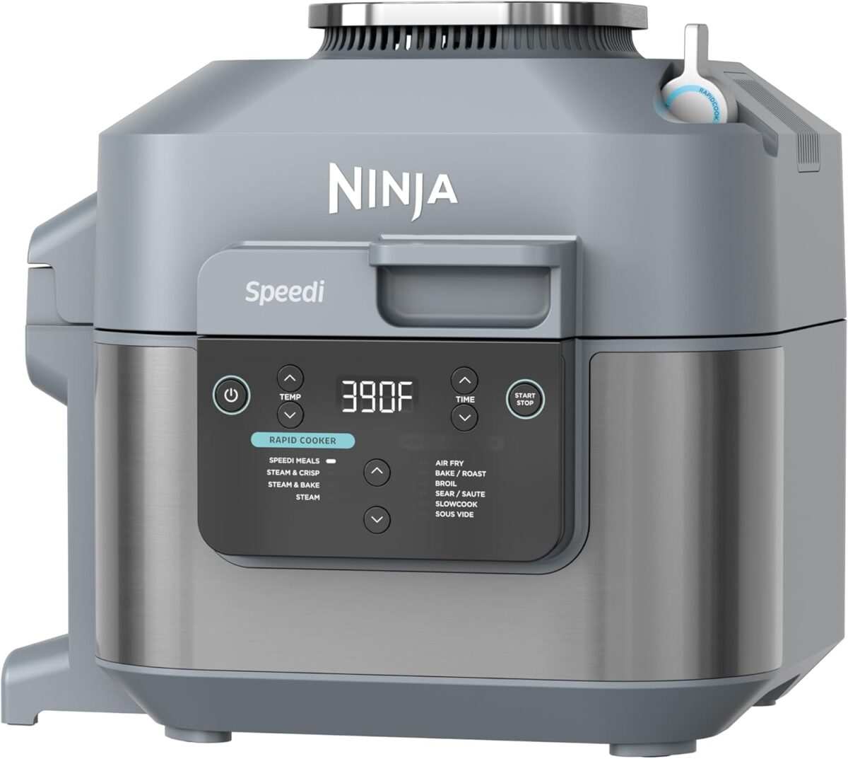 تصویر مولتی کوکر نینجا مدل ON401 (Speedi) خاکستری، نمایش دهنده پنل دیجیتال با تنظیمات Rapid Cooker و ایرفرای (Air Fry).
