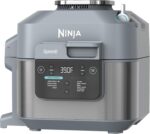 تصویر مولتی کوکر نینجا مدل ON401 (Speedi) خاکستری، نمایش دهنده پنل دیجیتال با تنظیمات Rapid Cooker و ایرفرای (Air Fry).