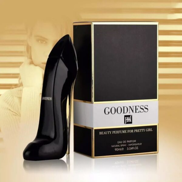 بطری ادکلن گودگرل مشکی جانوین جکوینز (Johnwin Goodness) با طراحی کفش پاشنه بلند، با رایحه گرم و تلخ.