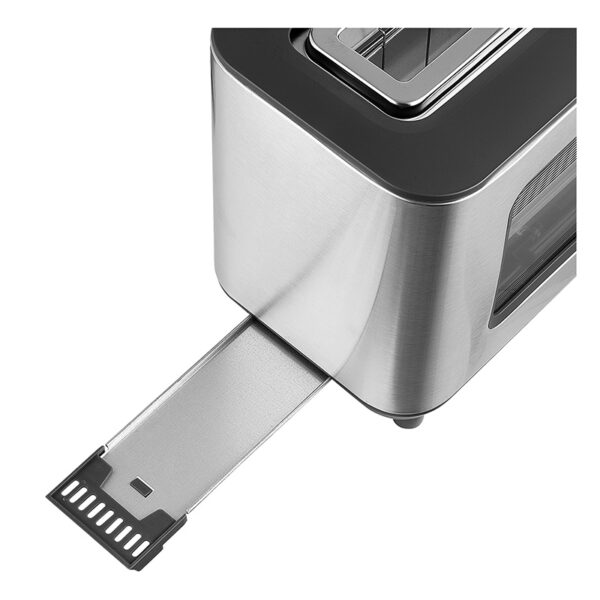 تصویر توستر نان سنکور مدل STS4050SS به رنگ نقره‌ای و مشکی با بدنه استیل ضد زنگ و درگاه عریض برای نان‌های حجیم.