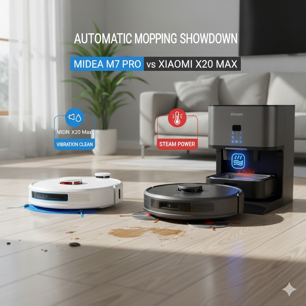 جارو رباتیک مایدیا M7 Pro (تی کشی ارتعاشی) در مقابل شیائومی X20 Max (شستشوی پد با آب گرم)، مقایسه جارو رباتیک با تی کشی ارتعاشی