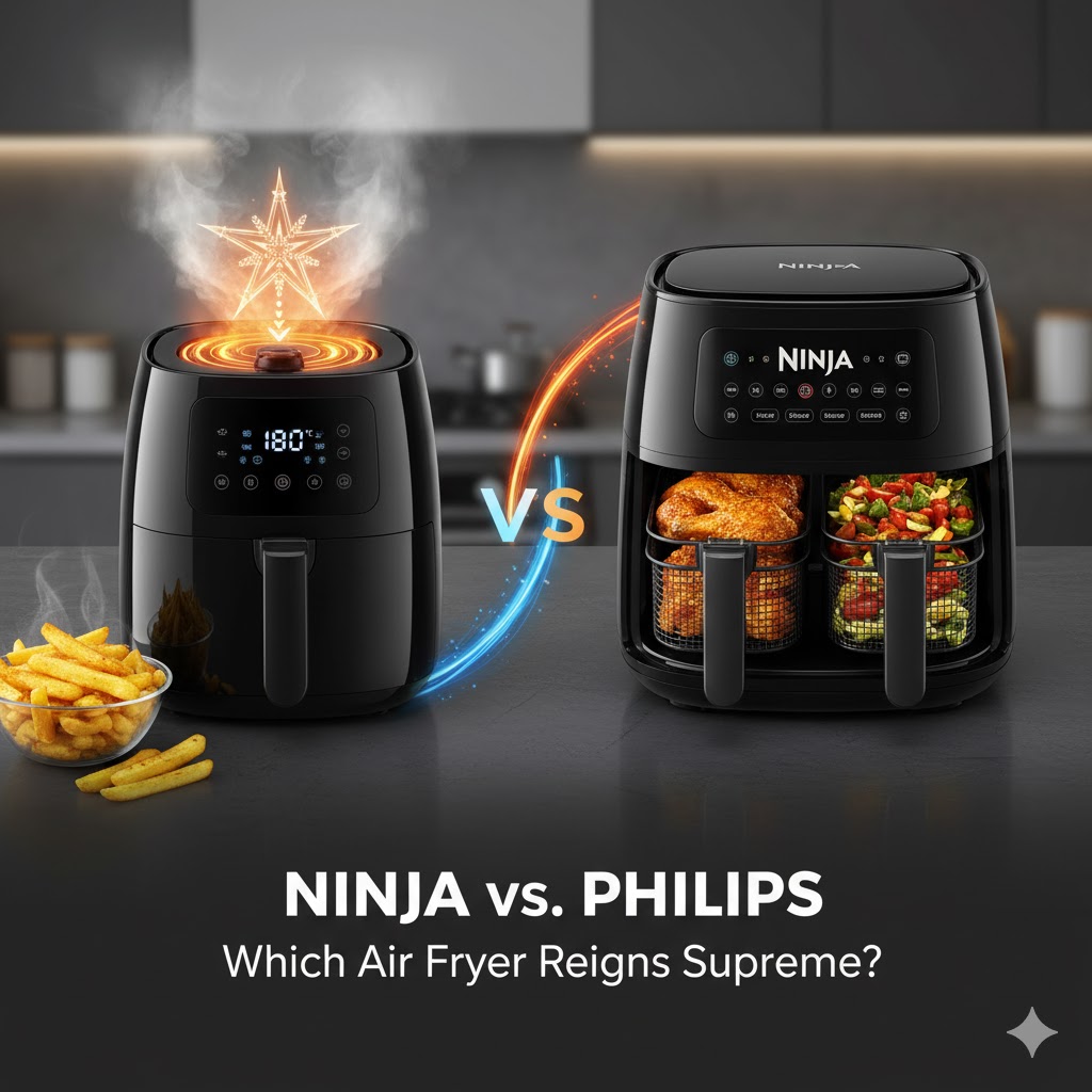 تصویر مقایسه سرخکن نینجا دوقلو (Dual Zone) در مقابل سرخکن فیلیپس (با فناوری Rapid Air به شکل ستاره نورانی) برای مقاله تخصصی "سرخ کن نینجا بهتر است یا فیلیپس؟"