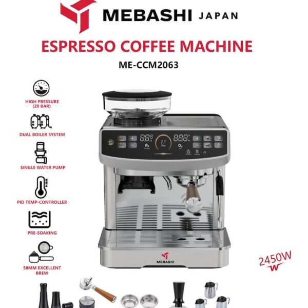 اسپرسوساز مباشی مدل ME-CM2063 - دستگاه استیل ضد زنگ با آسیاب داخلی و صفحه کنترل لمسی