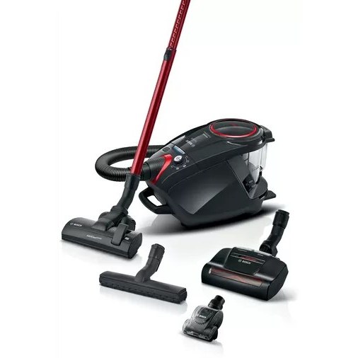 جارو برقی مخزن‌ دار بوش مدل BGS7POW1 سری ۸ رنگ مشکی، با نازل مخصوص موی حیوانات و طراحی ارگونومیک.