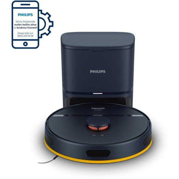 جارو رباتیک هوشمند فیلیپس مدل XU2100 به رنگ سرمه‌ای، در حال جاروکشی و تی کشیدن روی پارکت در یک محیط خانگی، با نمایش پایه شارژ.