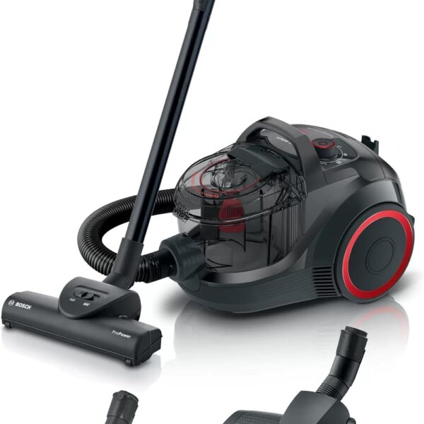 جاروبرقی مخزن‌دار بوش مدل BGS21POW2 رنگ مشکی با برس توربو و فیلتر HEPA. دارای طراحی ارگونومیک و لوگوی بوش.