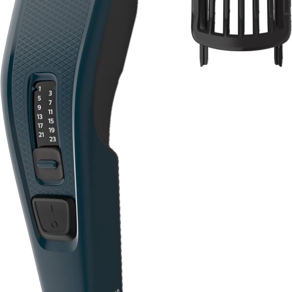 تصویر ماشین اصلاح فیلیپس مدل HC3505 به رنگ سرمهای، سیمدار، همراه با شانه قابل تنظیم و تیغههای استیل