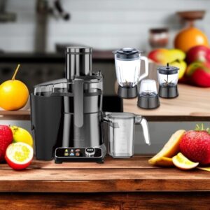 تصویر آبمیوه گیری ۴ کاره مباشی مدل ME-JB2014 با بدنه استیل و پارچ مخلوط کن شیشهای و دهانه ورودی بزرگ