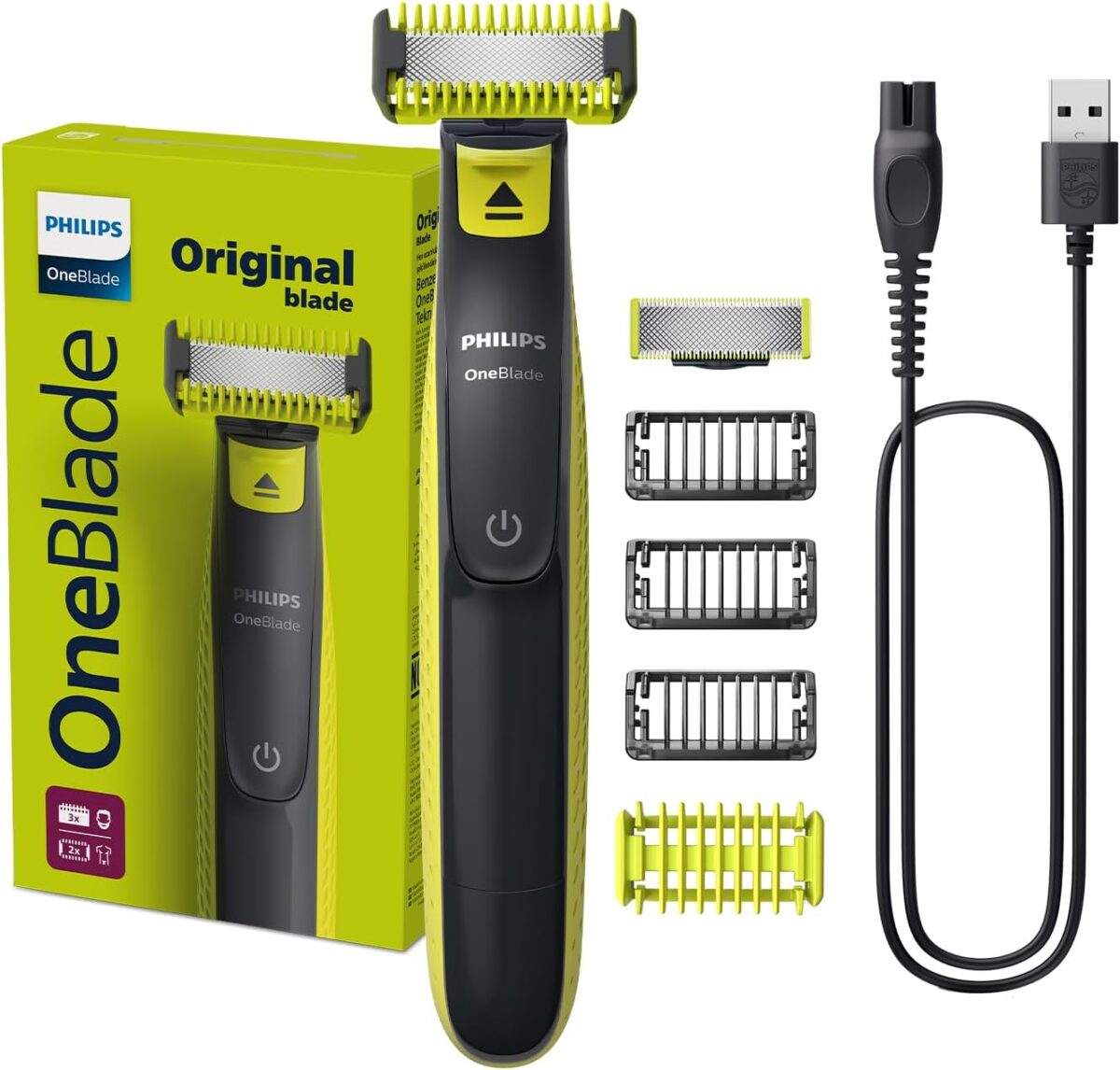 تصویر ماشین اصلاح فیلیپس OneBlade مدل QP2824/10 به رنگ مشکی و سبز فسفری با شانه ته‌ریش نصب شده