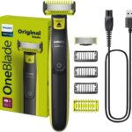 تصویر ماشین اصلاح فیلیپس OneBlade مدل QP2824/10 به رنگ مشکی و سبز فسفری با شانه ته‌ریش نصب شده