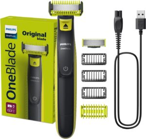 تصویر ماشین اصلاح فیلیپس OneBlade مدل QP2824/10 به رنگ مشکی و سبز فسفری با شانه ته‌ریش نصب شده