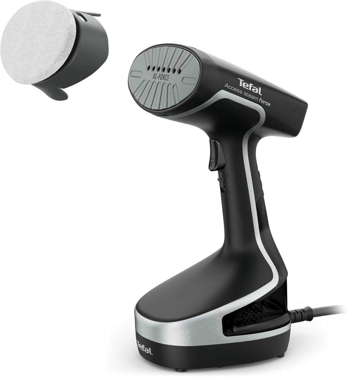 تصویر اتو بخارگر تفال مدل DT8250 به رنگ مشکی، با سری سرامیکی آلومینیومی و برس‌های جانبی