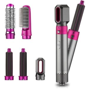 تصویر سشوار و حالت دهنده چندکاره انزو مدل EN-6206 (۵ کاره) به رنگ طوسی و صورتی (فوشیا) با ۵ سری مختلف شامل فرکننده، برس و شانه نایلونی