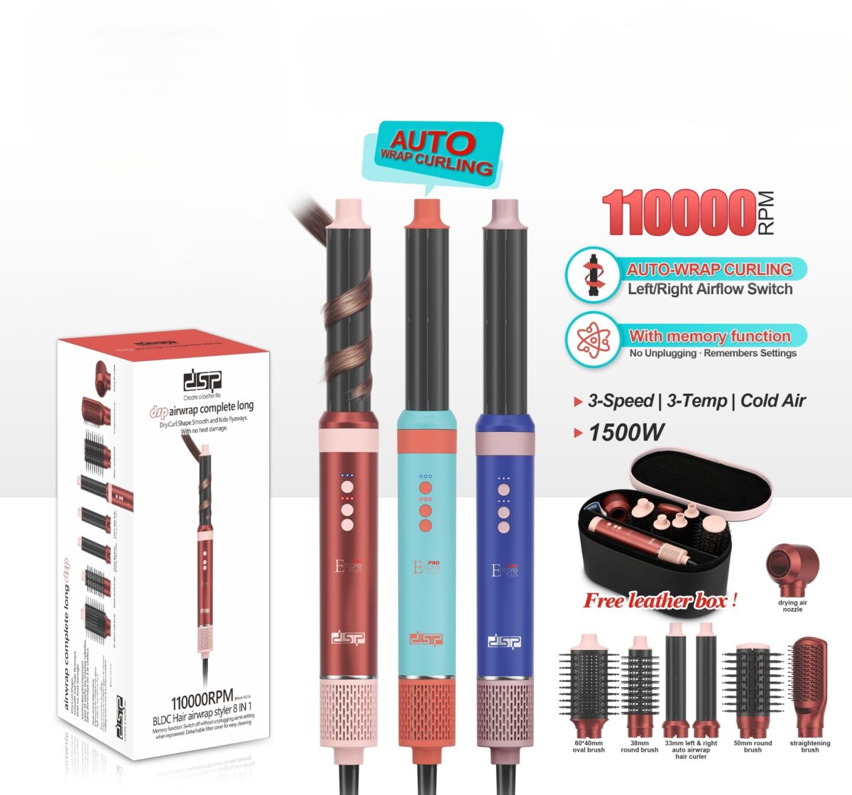 50226 تصویر ست استایلر موی دی اس پی مدل 50226 به رنگ قرمز، آبی و صورتی با موتور ۱۱۰۰۰۰ دور در دقیقه و ۸ سری مختلف داخل کیف چرمی