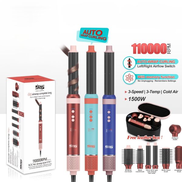 تصویر ست استایلر موی دی اس پی مدل 50226 به رنگ قرمز، آبی و صورتی با موتور ۱۱۰۰۰۰ دور در دقیقه و ۸ سری مختلف داخل کیف چرمی