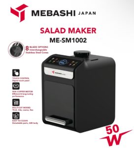 سالاد ساز مباشی مدل ME-SM1002 مشکی با پنل تاچ دیجیتال، دارای 12 تیغه استیل و موتور مسی 50 وات.