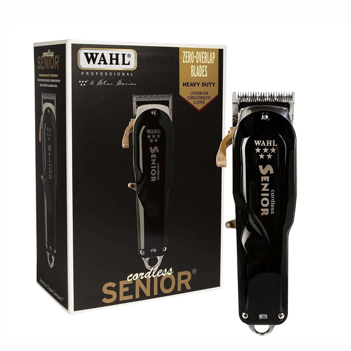 ماشین اصلاح وال مدل Senior Cordless (بیسیم، تیغه استیل، اصلاح حرفهای) تصویر ماشین اصلاح وال مدل Senior Cordless به رنگ نقرهای و مشکی با لوگوی WAHL و تیغه قابل تنظیم