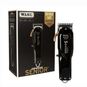 تصویر ماشین اصلاح وال مدل Senior Cordless به رنگ نقرهای و مشکی با لوگوی WAHL و تیغه قابل تنظیم