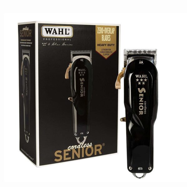 تصویر ماشین اصلاح وال مدل Senior Cordless به رنگ نقره‌ای و مشکی با لوگوی WAHL و تیغه قابل تنظیم