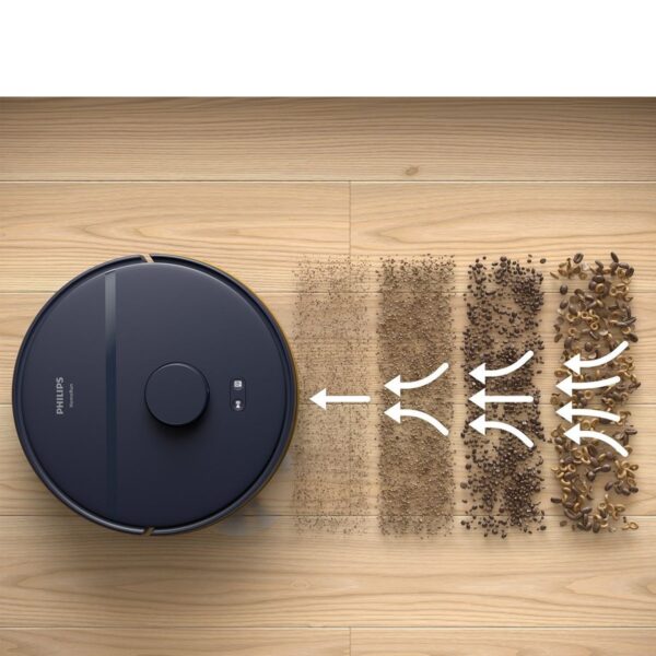 جارو رباتیک هوشمند فیلیپس مدل XU2100 به رنگ سرمه‌ای، در حال جاروکشی و تی کشیدن روی پارکت در یک محیط خانگی، با نمایش پایه شارژ.