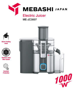 تصویر آبمیوه گیری مباشی مدل ME-JC3007 به رنگ مشکی و استیل با دهانه ورودی عریض و دکمههای کنترل